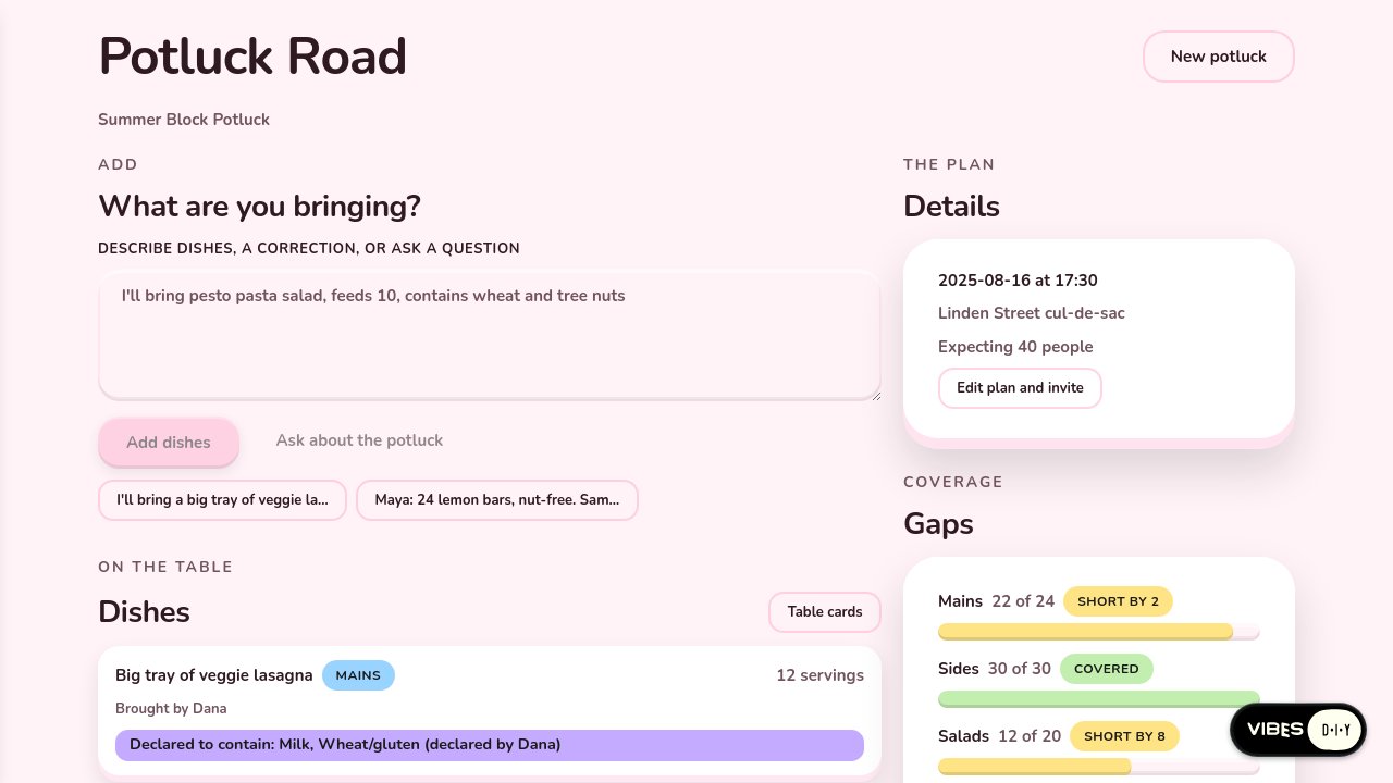 Platform screenshot of the Potluck organizer app built in round six